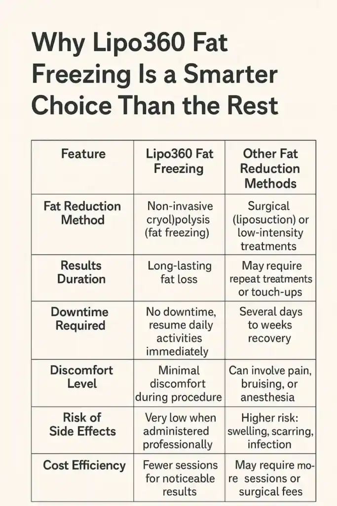 Table showing benefits of fat freezing to remove fat cells Aldershot from Lipo 360