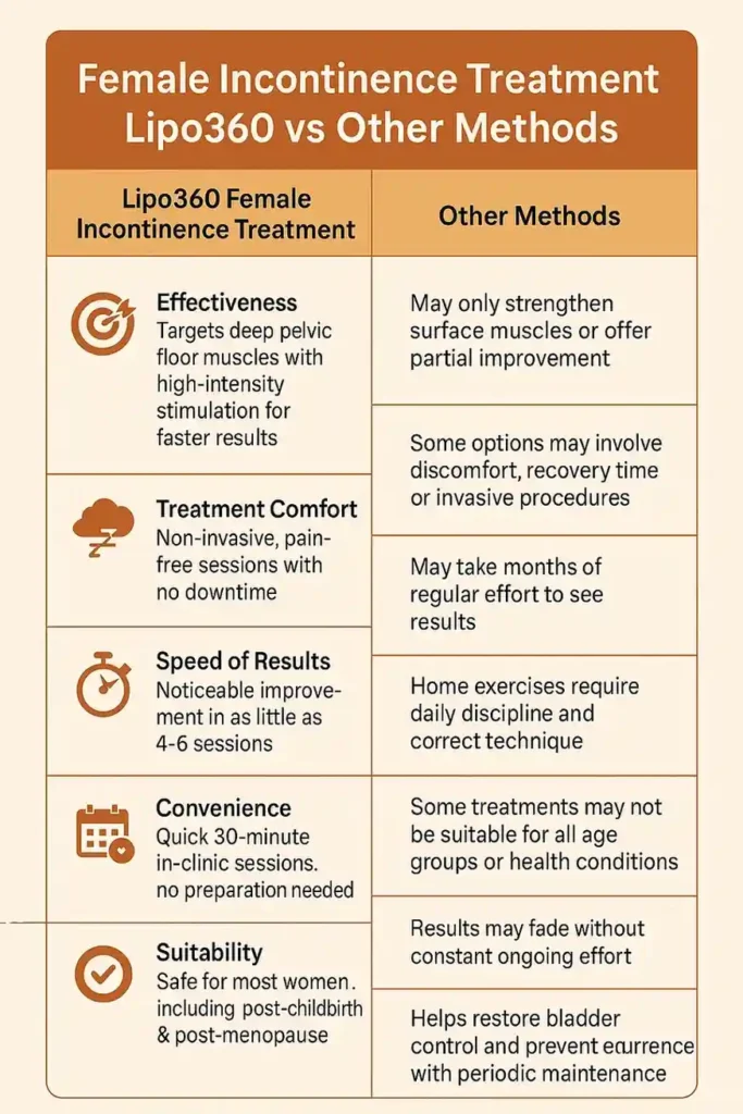 Table showing benefits of incontinence treatment Aldershot
