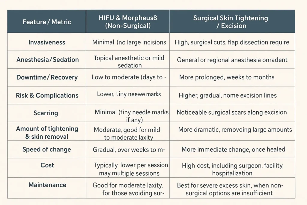 Table of skin tightening Aldershot benefits compared to surgical options